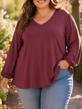 In Every Story Plus Size V-Neck Blouse Mauve Pink Lace Trim Boho Long Sleeve Top